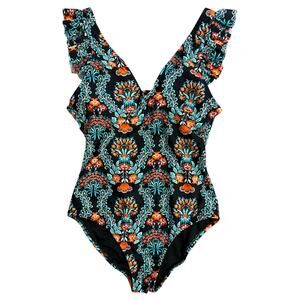 Jessica Simpson Swimsuit One-Piece Deep V Neck Ruffle Strap Floral Multi Small